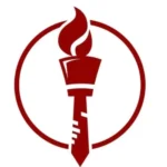 A red and white logo of a torch